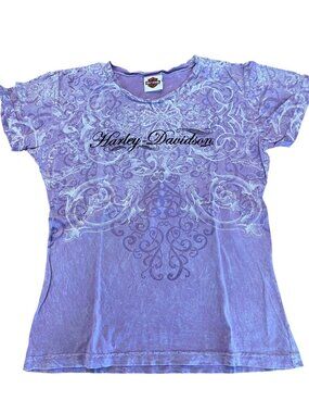 Harley Davidson Y2K Purple Short Sleeve T-Shirt Floral Graphic Women's Size M